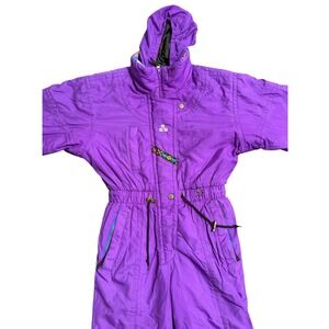 Vintage Obermeyer One Piece Ski Suit Snow Bib Purple Flowers‎ Junior Child Sz 14